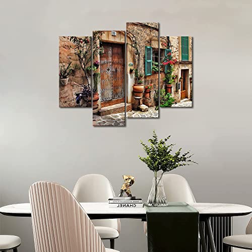 4 Panel Tuscany Wall Art Streets Of Old Mediterranean Towns Flower Door Windows Paintings Print On Canvas Architecture Pictures For Home Decor Modern Artwork #TOP5