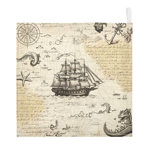 Takiito Vintage Nautica Map Baby Washcloths 5 Pack, Cotton Muslin Washcloth Soft for Sensitive Skin, Newborn Girls Boys Shower Gift, 12x12 in