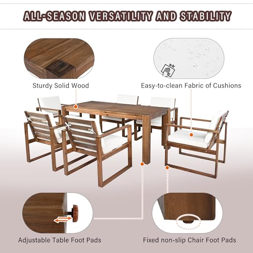 Merax Patio Table and Chairs Set, Outdoor Dining Set for 6 with Umbrella Hole, 7 Piece Outdoor Patio Furniture Set Wood Frame with Removable Cushion for Garden, Backyard, Lawn, and Poolside by Merax - Image 4