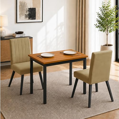 Image of Rosebell Set of 2 Dining Table Chairs with Wooden Top Table, Upholstered Cushioned Chairs, Modern Compact Dining Set for Home, Kitchen & Dining Room (Golden)