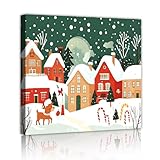 クリスマスビレッジキャンバスウォールアート雪に覆われた冬のシーン漫画イラストフレームキャンバスペインティングリビングルーム用ホリデーウォールデコレーション50x50cmインナーフレーム