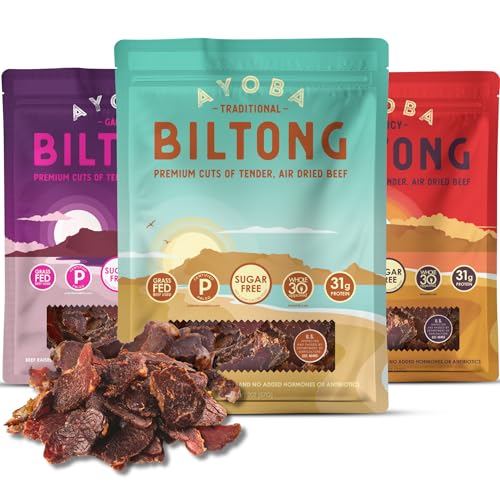 Ayoba Grass Fed Beef Biltong Slices, Variety Pack (2 Ounce, Pack of 3) - Authentic South African Protein Snacks - Keto-Certified,Paleo-Certified, Gluten Free, and Sugar Free Beef Biltong