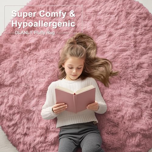 OLANLY Pale Pink Round Rugs for Bedroom - Machine Washable, 6 ft Circle Area Rugs for Living Room, Soft and Fluffy Shaggy Carpet for Teen Girls and Boys, Nursery Rooms, Dorms, Home Decor Aesthetic