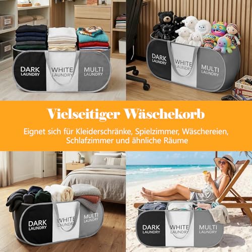 Faltbarer Wäschekorb mit 3 Fächern – Großer Wäschesammler 99L mit Griffen, Leichte Wäschetasche für Kleidung, Spielzeug, Schlafzimmer, Waschküche & Reisen