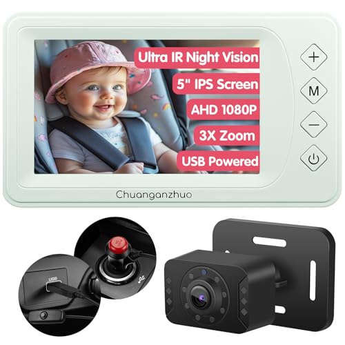 Image of S100P Baby Car Camera with Ultra Night Vision, 5'' HD 1080P IPS Baby Car Monitor with 3X Zoom, Backseat /Carseat /Rear Seat Camera USB, Easy No-Damage Install, Safety for Infants and Pets (5 inch Green)