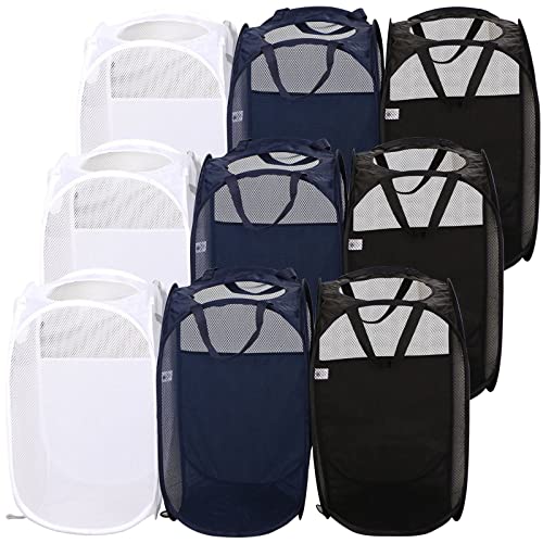 AQQA-9-Pcs-Mesh-Popup-Laundry-Hamper-Set-BlackWhiteBlue-Durable-Handles-Foldable-Sturdy-Mesh-Construction-Ideal-for-Kids-Teens-Adults-College-Dorm-Camping-Hotel-Travel AQQA 9 Pcs Mesh Popup Laundry Hamper Set, Black/White/Blue, Durable Handles, Foldable, Sturdy Mesh Construction, Ideal for Kids, Teens, Adults, College Dorm, Camping, Hotel, Travel - Image 1