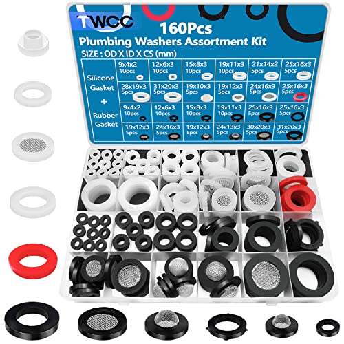 TWCC 160Pcs Plumbing Hose Rubber Washers Assortment Set with Screen Filter and Silicone Washer