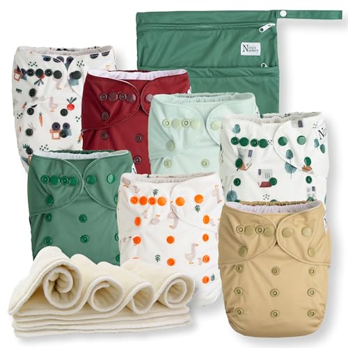 Image of Nora's Nursery Cloth Diapers 7 Pack with 7 Inserts & 1 Wet Bag - Waterproof Cover, Washable, Reusable & One Size Adjustable Pocket Diapers for Newborns and Toddlers - On The Farm