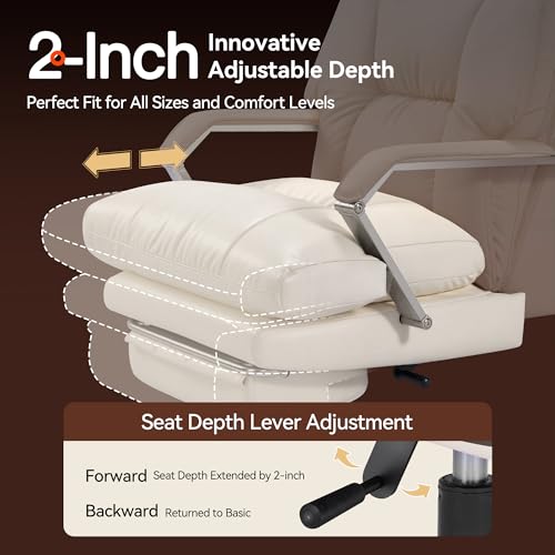 Image of OKUP M76 160 Reclining Executive Office Chair with Footrest, Adjustable Seat Depth Leather Office Chair, 8 inch Thick Sofa-Like Cushion, 420 lb Reinforced High Back Desk Chair for Home Office, Cream