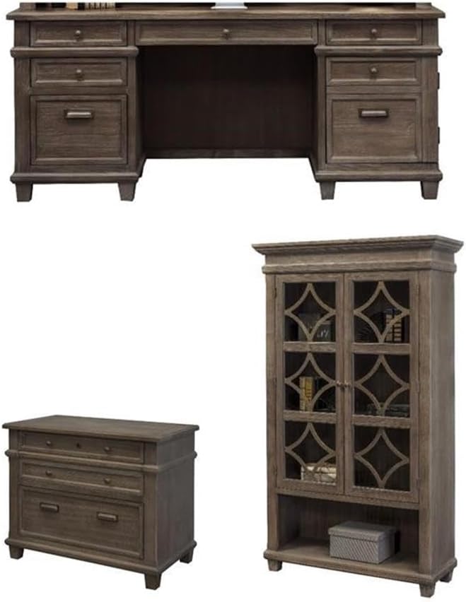 BOWERY HILL Set of 3 Credenza Desk & Glass Display Bookcase & Filing Cabinet