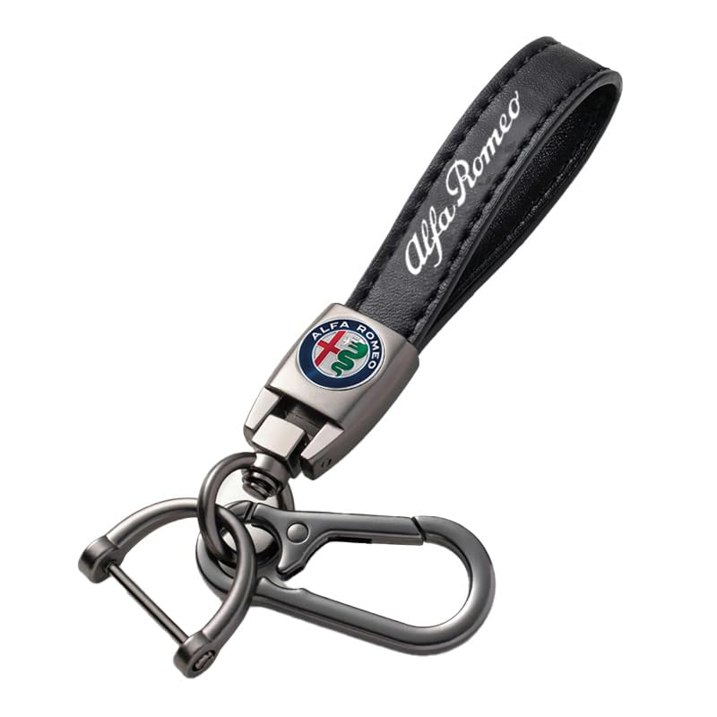 DUOYUAN Leather Car Key Chain Metal Car Keyring Accessories Suit for Alfa Romeo Giulia Stelvio 4c Tonale Mito Giulietta Black Leather & Metal Car Key Fob Holder Gift Men and Women Keys (Alfa-Black)