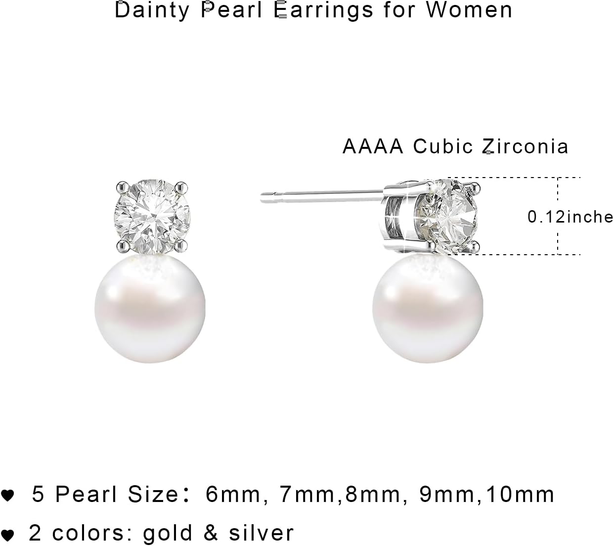 Pearl Earrings,6mm/8mm/10mm Gold/Silver Pearl Stud Earrings for Women Dainty 14K Gold CZ Diamond Earring Trendy Hypoallergenic Wedding Earring for Women Bridesmaid Gift - Image 5