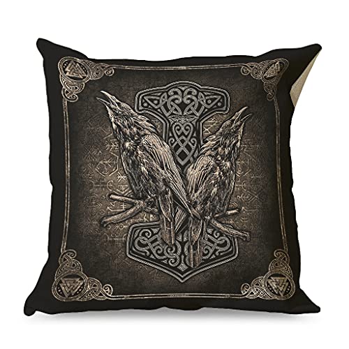 Wikinger Nordische Thor Hammer Raben Kissenbezüge Zierkissenbezüge Leinen Kissenbezug Pillow Case Wurfkissenbezug Printed Couchkissen Bezüge mit Verstecktem Reißverschluss für White 45x45cm