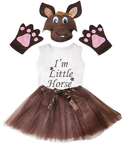 Petitebelle Ich bin Kleines Pferd Hemd Brown-Hut-Handschuh-Rock-Mädchen 4pc Kostüm 3-4 Jahre Braun weiß