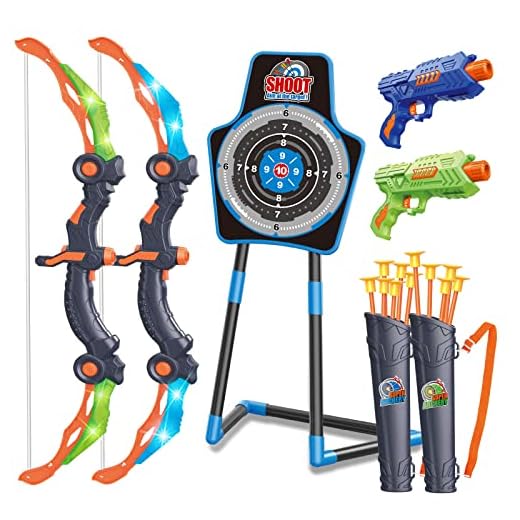 SpringFlower Bow and Arrow for Kids 5 6 7 8 9 10+ Years Old,2 Bow and Arrow Sets with LED Light-up,2 Foam Dart Guns,Archery Set with Standing Target for Boys & Girl, Ideal Gift for Kids
