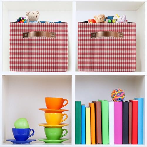 Image of Kigai Red White Gingham Storage Basket with Handles Waterproof Collapsible Storage Bin Canvas Fabric Basket Decorative Box Closet Organizer for Nursery Bedroom Office
