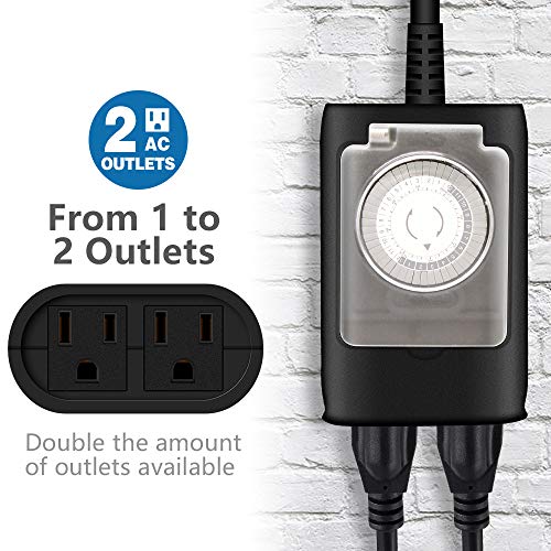 Kasonic Outdoor Light Timer Outlet, 24 Hour Mechanical Timer Switch, Heavy Duty Water Resistance With 2 Grounded Outlet, Etl Listed (Black) #TOP1