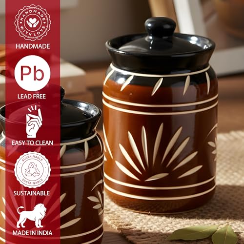 Image of Printed Ceramic Handglazed Pickle Jars Set of 2-1000 ML Each | 1 kg Achaar Martban Barni Jar with Lid | Ceramic Storage Jar Container Pickle /Achar, Chatney