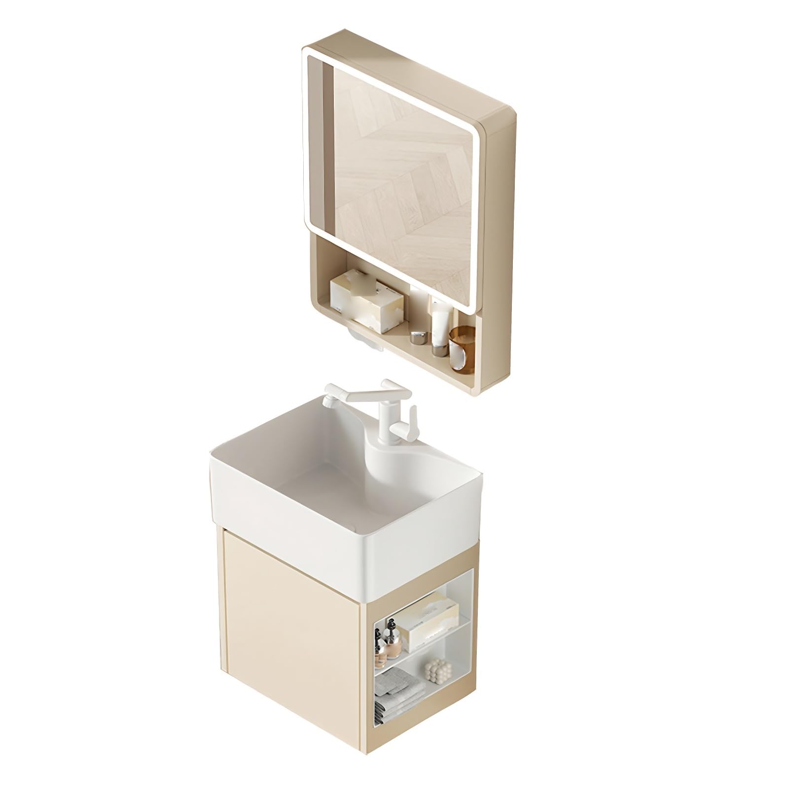 Lavabo esquinero de baño con fregadero, lavabo flotante de pared con armario de almacenamiento, fregadero de pedestal esquinero compacto para espacios pequeños (45 x 30 cm)
