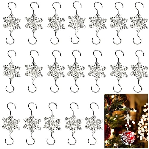 Silver Snowflake S-shaped Hooks - 20 PCS Metal Christmas Tree Hangers with Crystal Beaded Swirls for Small Ornaments