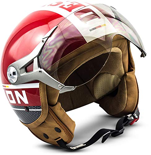 Soxon® SP-325 Plus „Red“ · Jet-Helm · Motorrad-Helm Roller-Helm Scooter-Helm Moped Mofa-Helm Chopper Retro Vespa Vintage Pilot Biker Helmet · ECE 22.05 Visier Schnellverschluss Tasche XL (61-62cm)