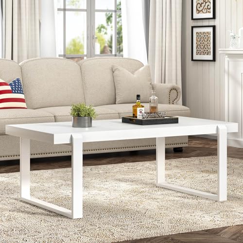 FOLUBAN White Coffee Table, Modern Rustic Wood and Metal Center Table, Rectangle Cocktail Tea Table for Living Room, 47 Inch