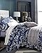 Eastern Floral Chinoiserie Blossom Print Duvet Quilt Cover Navy Blue Tan White Asian Style Botanical Tree Branches Ornamental Drawing 400TC Egyptian Cotton 3pc Bedding Set (King)
