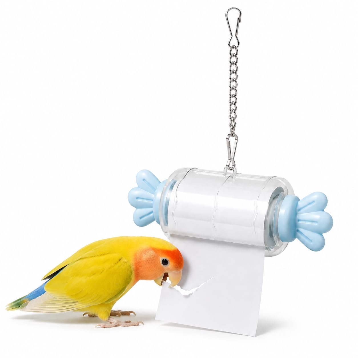 Bird Shredding Toy for Parakeets, Parrot Foraging Paper Roll Toy with Hanging Chain Refillable Bird Cage Enrichment Chewing Toy for Cockatiel Budgie Conure (Blue)