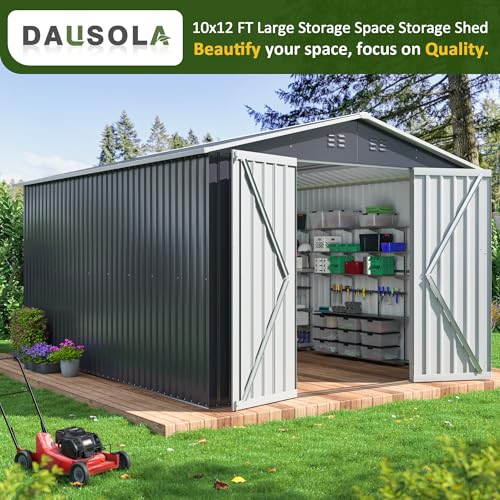 Image of DAUSOLA 10x12 FT Outdoor Storage Shed, Metal Garden Tool Shed with Updated Frame Structure and Lockable Doors, Ideal for Backyard Garden Patio Lawn, Grey