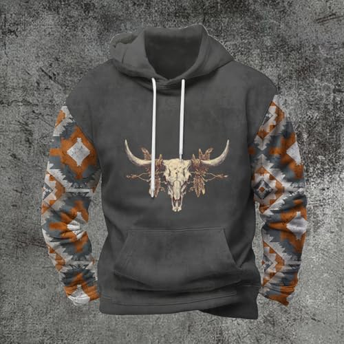 Men's Aztec Hoodies 2025 Trendy Graphic Western Sweatshirts Hooded Patchwork Cowboy Outfits with Kangaroo Pocket2