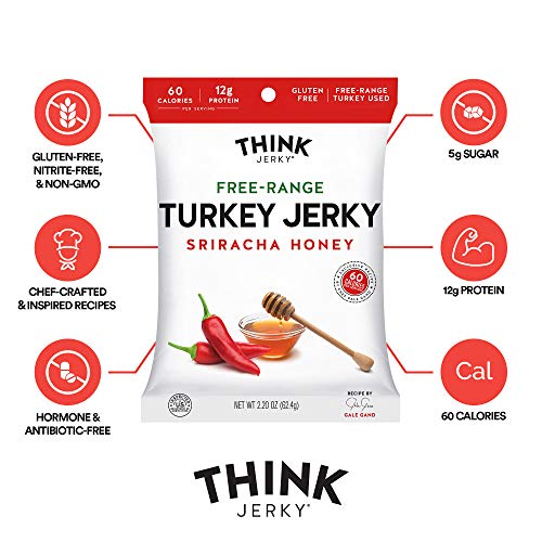 Sriracha Honey Turkey Jerky by Think Jerky — Delicious Chef Crafted Jerky — Free-Range Turkey With No Gluten or Antibiotics Added — Healthy Protein Snack Low in Calories and Fat — 1 Ounce (8 Pack)