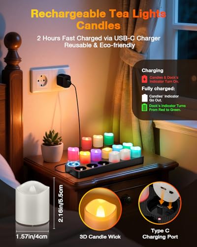 Image of Yme Rechargeable Color Changing Tea Lights Candles with Remote & Timer | 9 RGB Modes, Flameless LED Votives, Battery Operated Tealights with Charging Base, for Halloween Christmas Party Decor, 12PCS