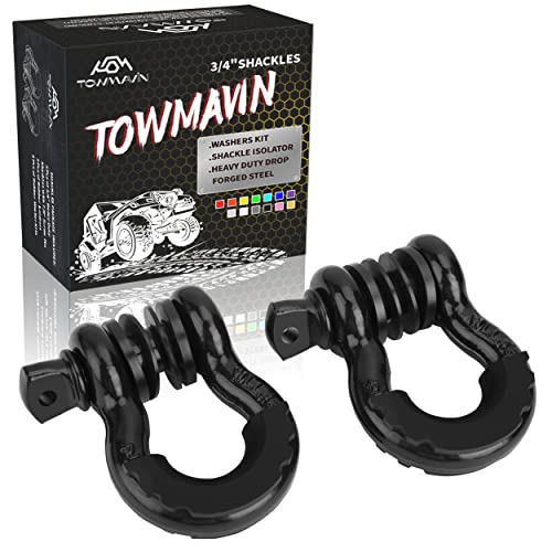 Towmavin Shackles 3/4' D Ring Shackle (2 Pack) 41,887Ibs Break Strength with 7/8' Screw Pin and Shackle Isolator and Washers Kit for Off Road Truck Vehicle -Black