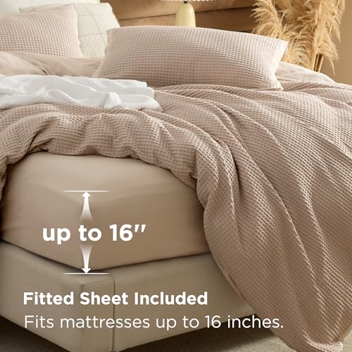 Image of Bedsure 100% Cotton Waffle Duvet Cover Set with Fitted Sheet, Queen, Khaki | Waffle Texture, Breathable, Skin-Friendly, OEKO-TEX Certified, Good Housekeeping Seal, All-Season, Machine Washable