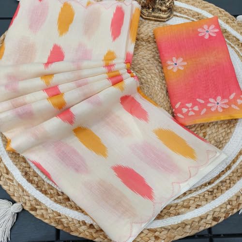 Image of Women's Linen Cotton Blend Saree Multicolor Ikat Brush Print Scalloped Border with Floral Print Unstitched Blouse Piece