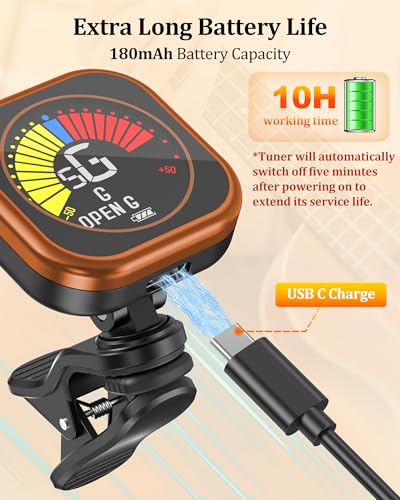 Image of New Bee Guitar Tuner Clip-On Rechargeable with Color Screen 360 Rotatable Acoustic Chromatic Open Tuning for Guitar, Bass, Ukulele, Violin (Orange, 1 Pack)