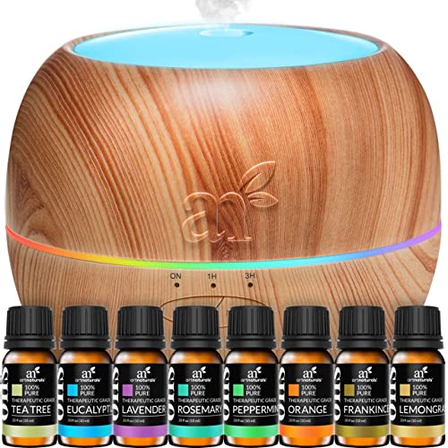 artnaturals Essential Oils and Diffuser Gift-Set - (150ml Tank-Light Brown & Top 8 Oils)-Aromatherapy Peppermint, Tee Tree, Lavender & Eucalyptus-Auto Shut-Off-Therapeutic Grade