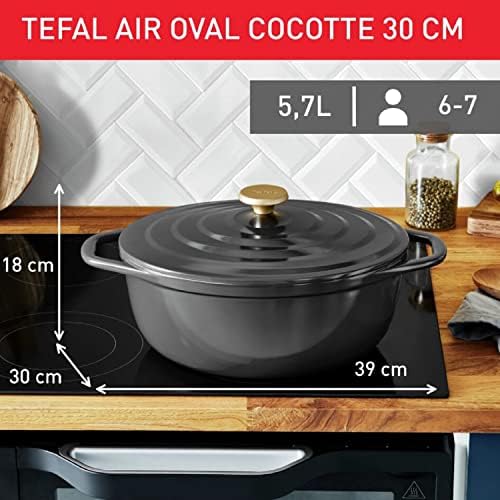 Tefal Air Oval Casserole Dish 30cm Non Stick Induction Cast Aluminium (Lighter Than Cast Iron) with Lid Grey E2558904