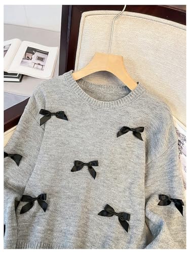 MakeMeChic Girl's Bow Sweater Crew Neck Long Sleeve Drop Shoulder Cute Pullover Top3