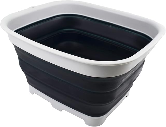 SAMMART 15L Collapsible Dishpan with Draining Plug - Foldable Washing Basin - Portable Dish Washing Tub - Space Saving Kitchen Storage Tray (Grey/Slate Grey)