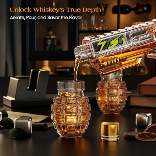 Image of Kollea Whiskey Decanter Set with Grenade-Shaped Shot Glasses, Anniversary Birthday Gifts for Men Who Have Everything, Whiskey Gifts for Father, Husband, Boyfriend & Military Enthusiasts, Green