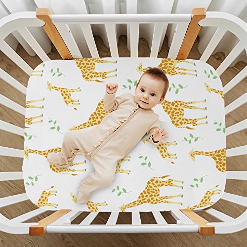 Image of Fitted Crib Sheets Cute Yellow Giraffe Stretchy Portable Playard Sheets for Baby Toddler, Breathable Soft Mini Crib Mattress 39 x 27 in for Boys and Girls