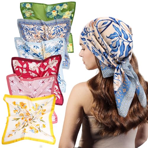 JATEBI Square Floral Satin Scarves for Women 6 Pack Set 27 Hair Scarves Silk Bandanas Headscarf Handbag Accessories