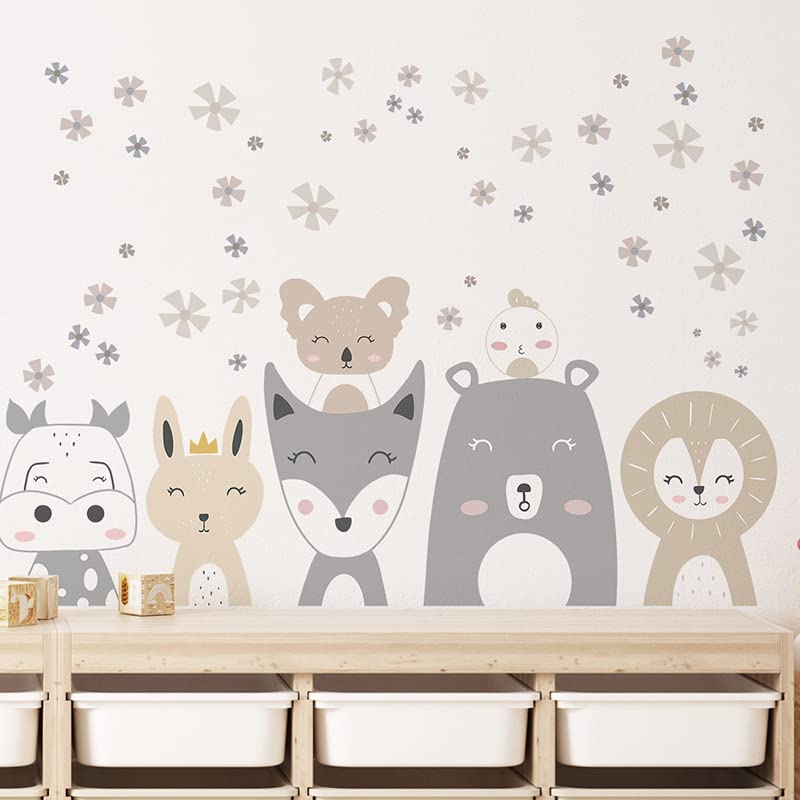 Image of Woodland Animal Wall Stickers for Nursery Kids Room | Cute Nordic Safari Forest Decals | Peel & Stick Wall Sticker for Bedroom Playroom Classroom | 2 Sheets (Each 90x30 cm) Covers 100x73 cm
