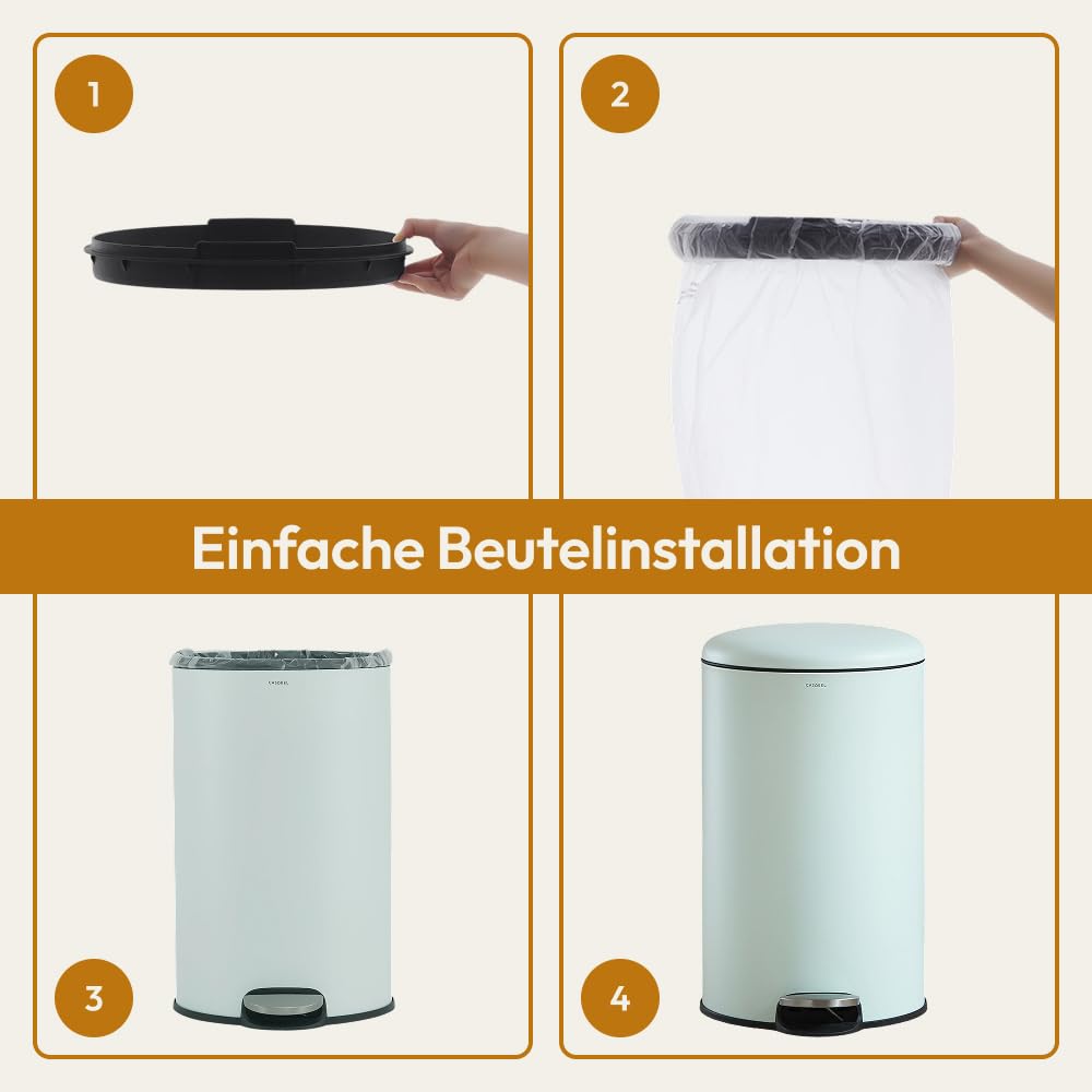 CASABEL Mülleimer Küche 30L, 100% Edelstahl, Resistent gegen Fingerabdrücke, Runder Treteimer mit Fußpedal, Abfalleimer mit Deckel für Bad, Küche, Büro, Mintgrün
