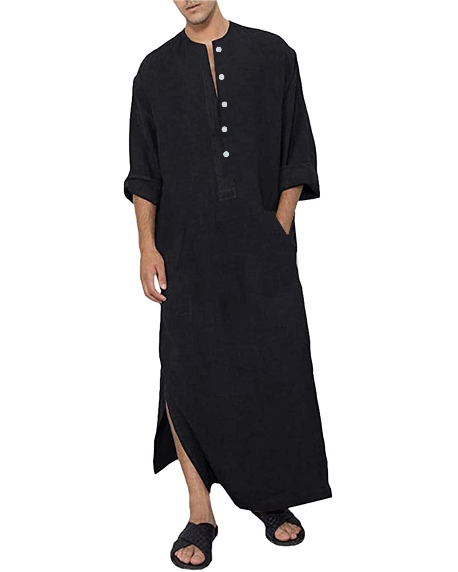 YAOHUOLEMens Abaya Thobe Ethnic Kaftan Robes Cotton Linen Long Sleeve Gown Jubba for Men