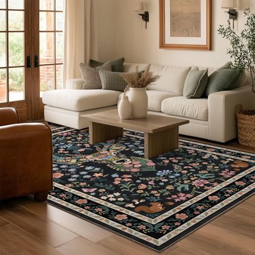 Image of Area Rug Vintage Floral Deer Pattern 5x7 - Bohemian Forest Animal Carpet with Squirrel & Butterfly, Soft Decorative Area Rug for Living Room Bedroom Home Decor