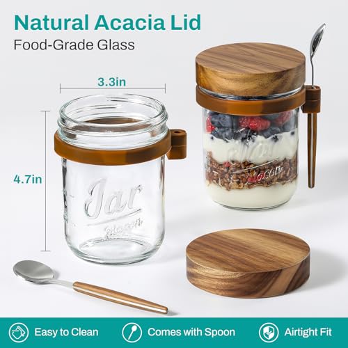 Image of LANDNEOO 4 Pack Overnight Oats Containers with Wooden Lids and Spoons, 16oz Glass Mason Overnight Oats Jars with Lids, Large Capacity Airtight Jars for Milk, Cereal, Fruit