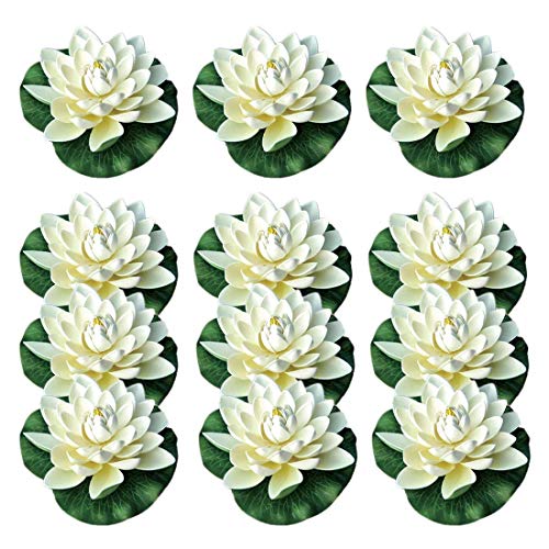RETYLY 12Pcs Artificial Floating Foam Lotus Flowers,With Water Lily Pad Ornaments, White,Perfect for Patio Koi Pond Pool Aquarium Home Garden Wedding Party Holiday Decoration