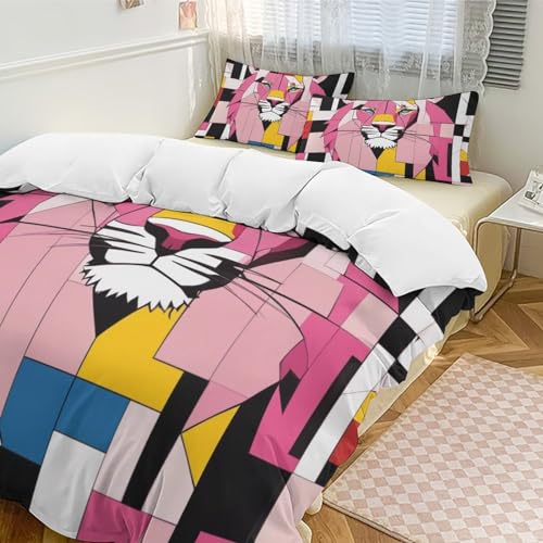 ZGDPBYF Jogo de cama Queen geométrico animal leão, conjunto de colcha geométrica listrada rosa leão